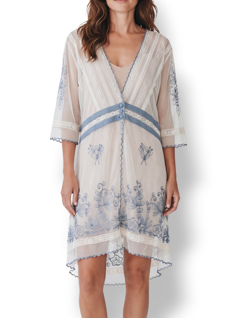 4/$20 Ivory Blue Embroidered Mesh Lace High Low Tunic Duster Size Large